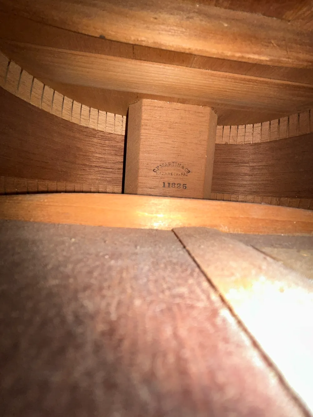 C F Martin Nazareth maker’s stamp and serial 11825 on a 1914 Martin 0-18 neck block