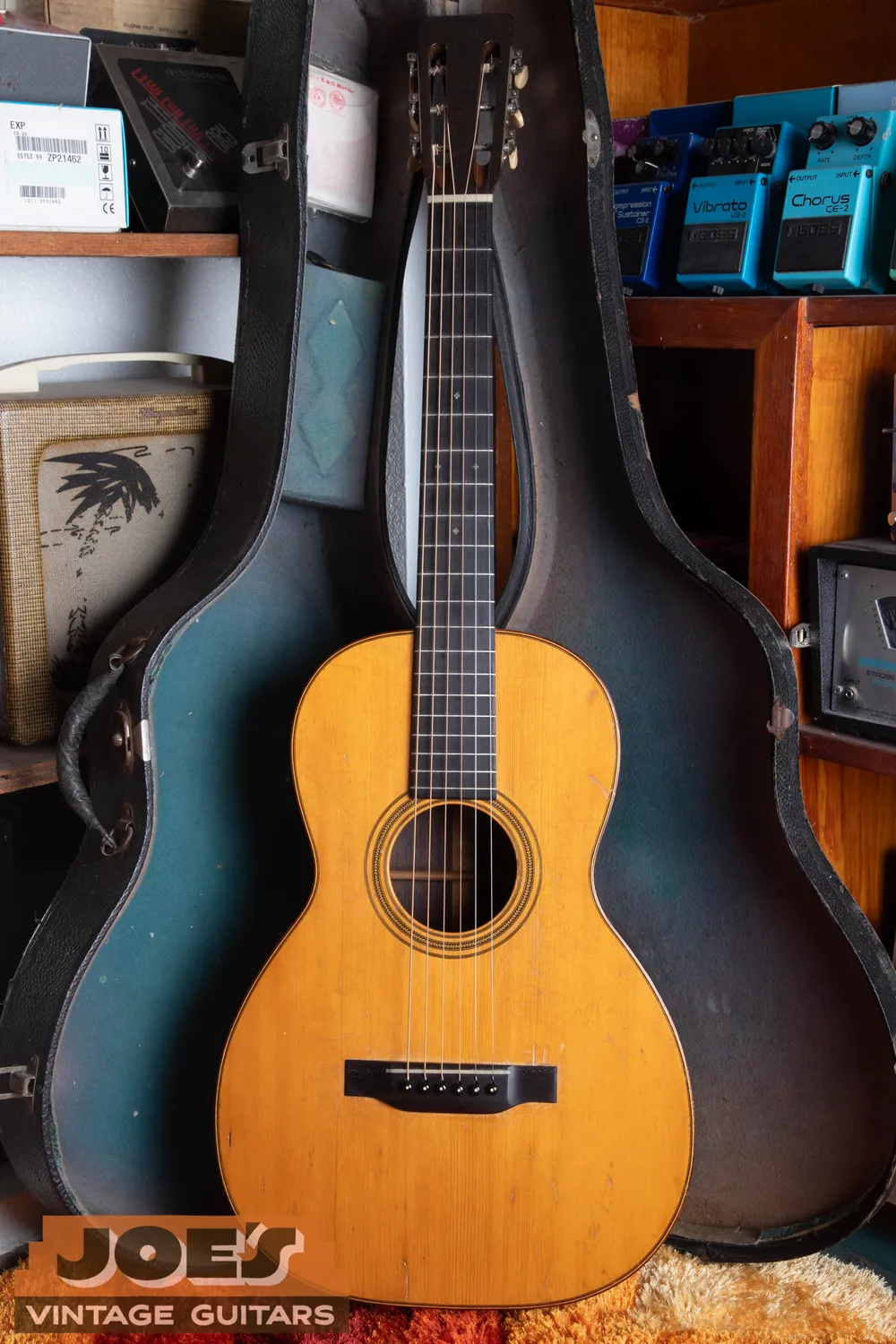 Full front of a 1930 Martin 0-21 showing the neck meeting the body at the twelfth fret