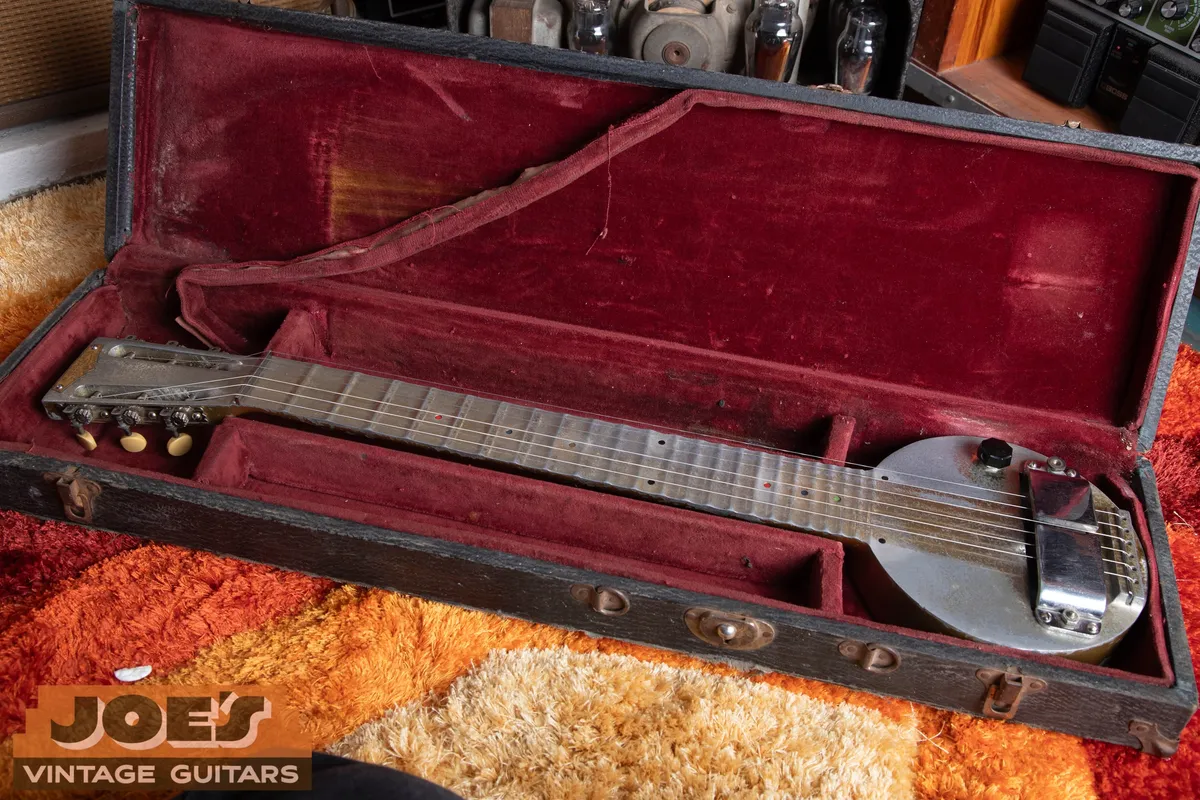 Archive 1930s Rickenbacher A-22 Frying Pan: Complete instrument in its case. This is a cast-aluminum steel, not a Bakelite Model B.