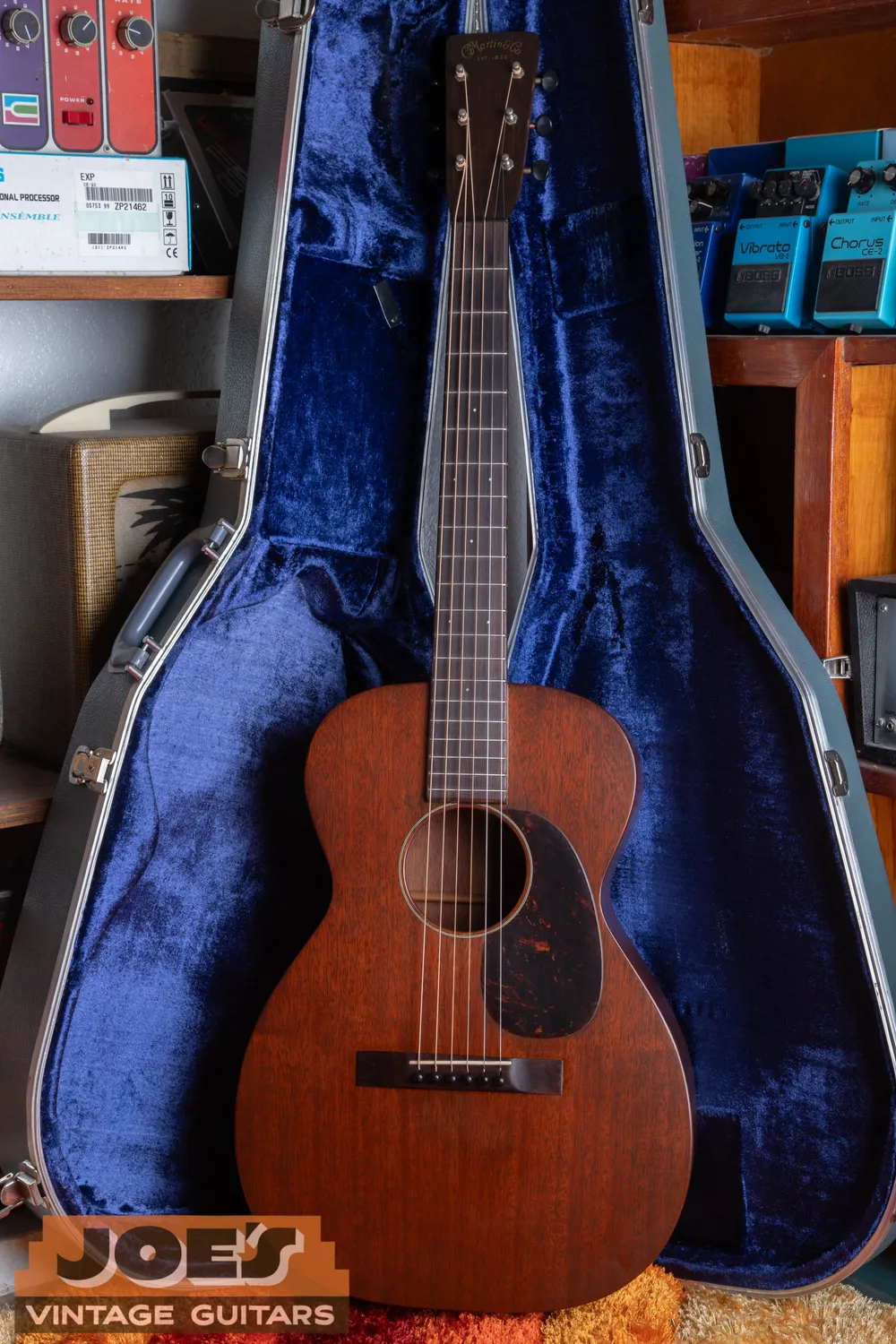 Full front of Joe’s 1937 Martin 0-17 with a mahogany top and 14-fret body joint