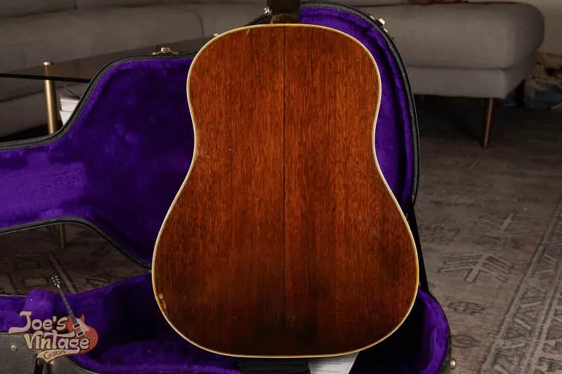 Back of the 1944 sunburst Southern Jumbo showing the wood grain and bound body edge