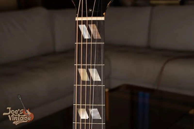Split parallelogram inlays and unbound fingerboard on Joe’s 1944 Southern Jumbo