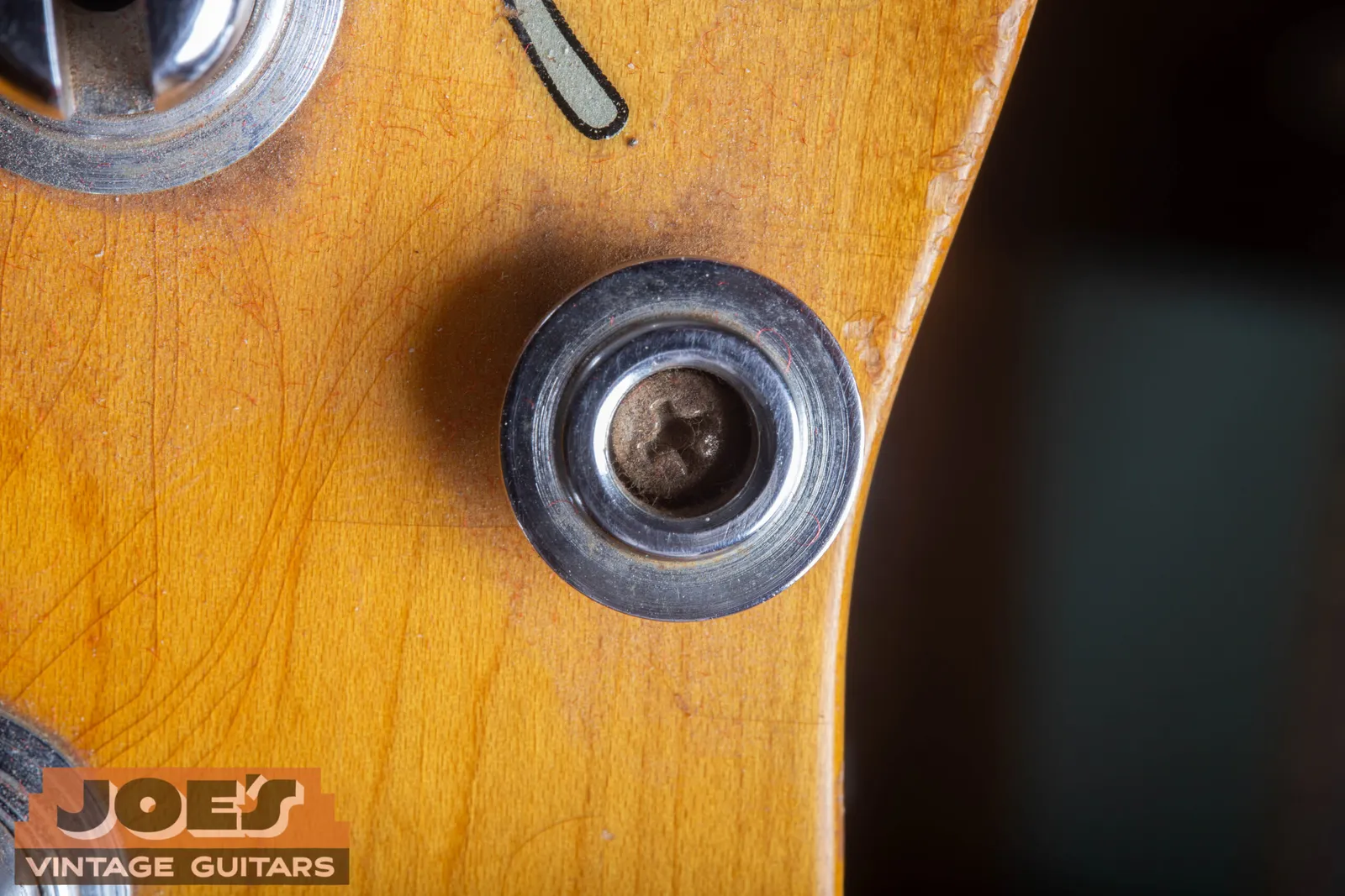 Macro photograph of the round string retainer on the headstock of a 1952 Fender Precision Bass, held by a Phillips head screw