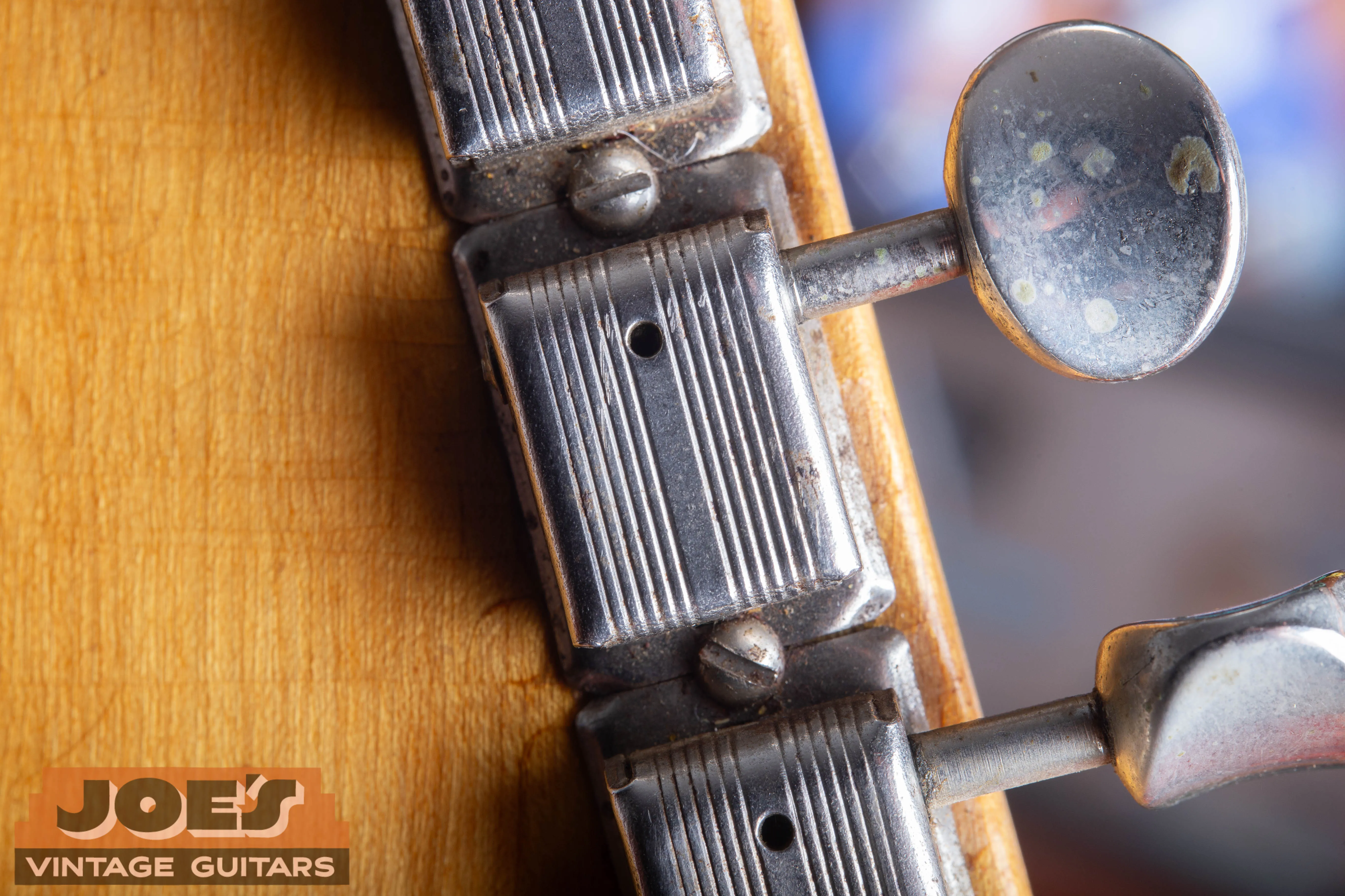 Row of original “No-Line” Kluson Deluxe tuners on the back of a 1952 Fender Telecaster headstock.