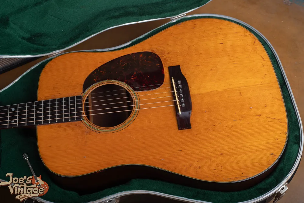 Tortoise-pattern pickguard beside the soundhole on Joe’s 1953 Martin D-18