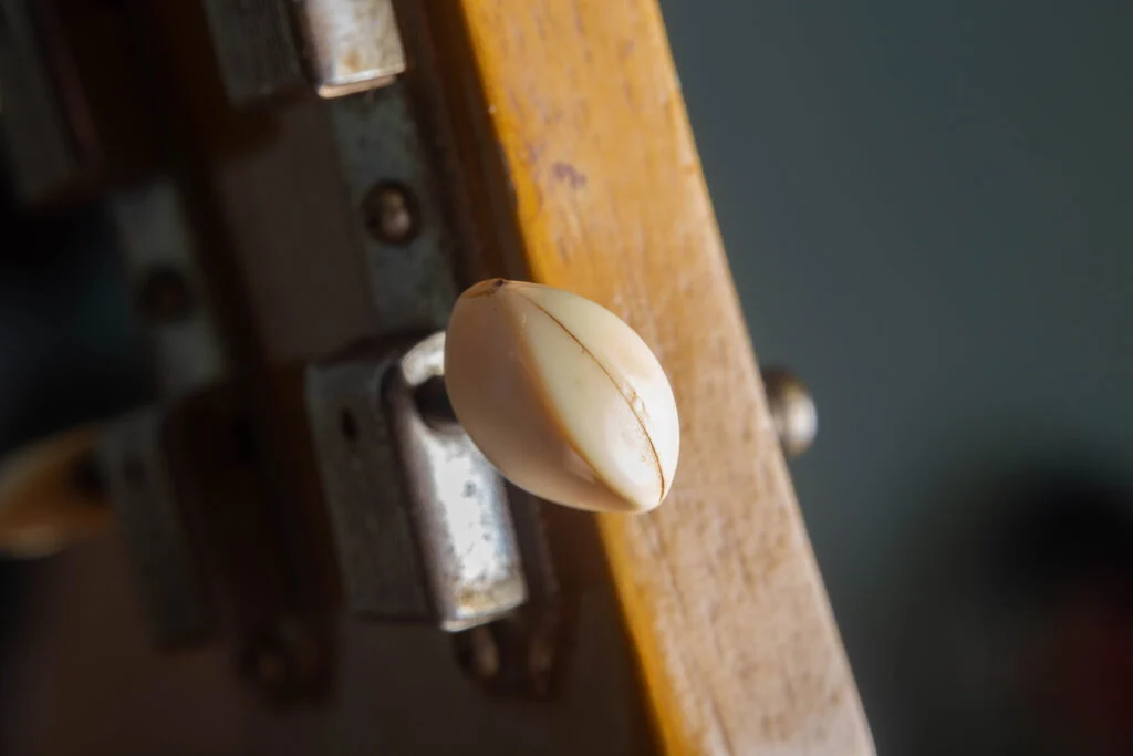 Aged plastic tuner button and Kluson tuner on a 1955 Gibson Les Paul Special