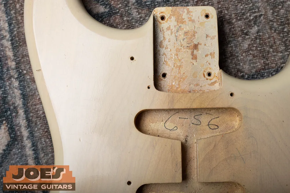 Penciled mid-1950s Fender Stratocaster body date in a pickup cavity