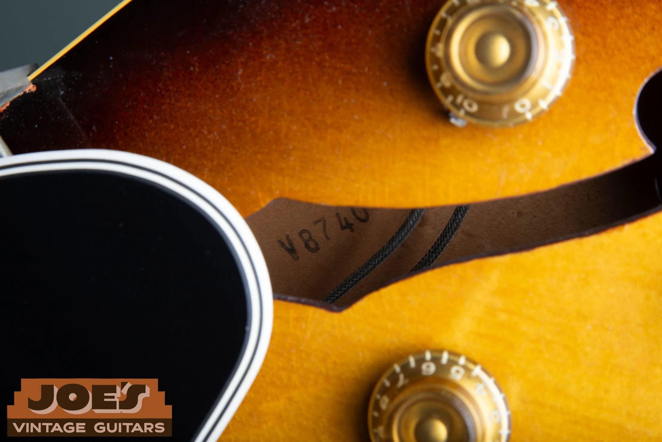 Factory order number V8740 visible through the f-hole of a 1956 Gibson ES-225TD