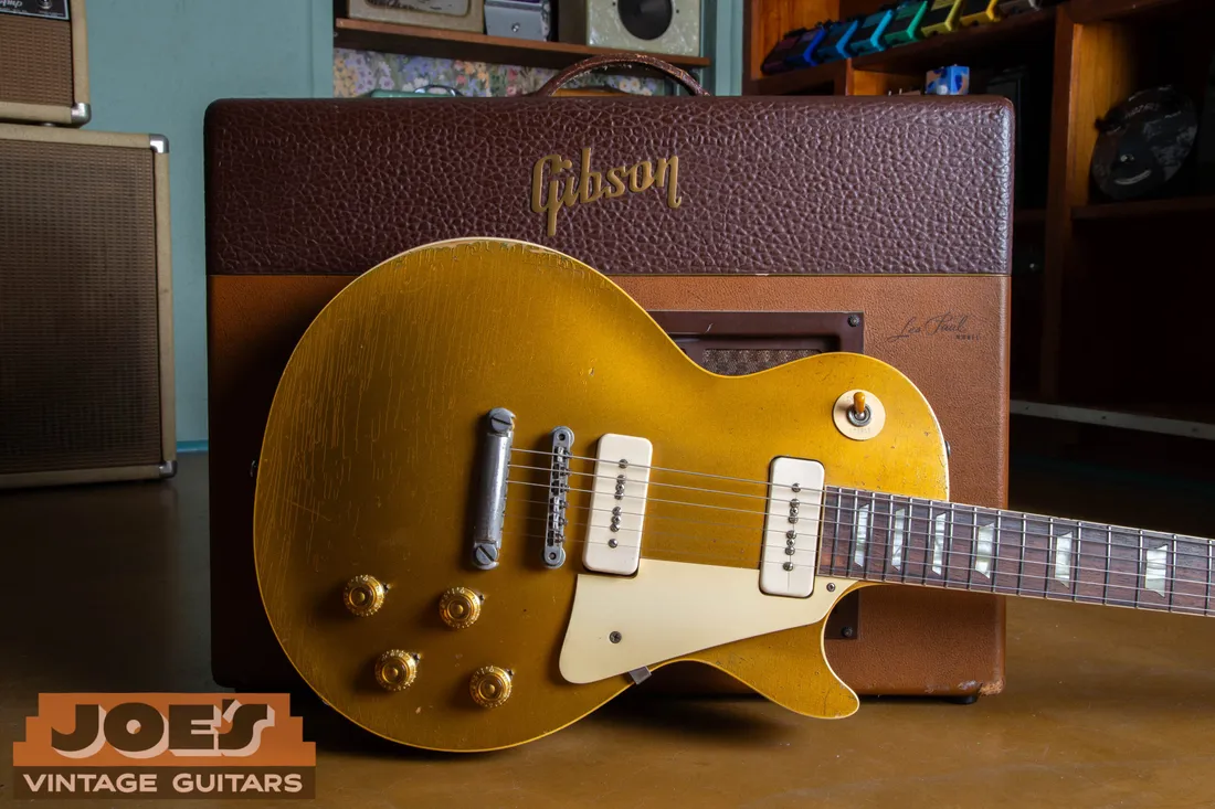 Original 1956 Gibson Les Paul Goldtop with P-90 pickups photographed with a vintage Gibson GA-40 amplifier