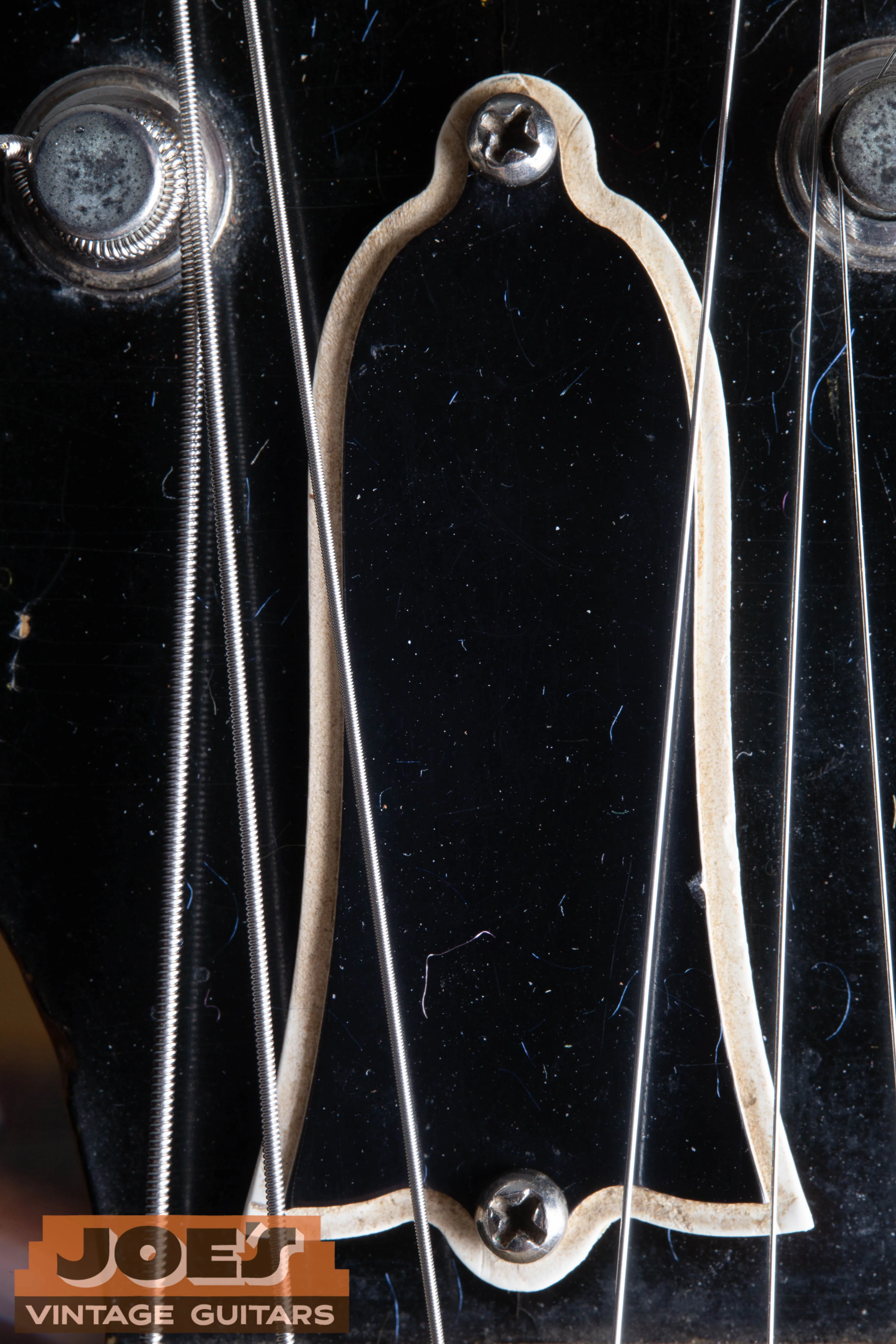 Macro close-up of a 1956 Gibson Les Paul truss rod cover, showing the period-correct two-ply black and white bell-shaped plastic and the original mounting screws.