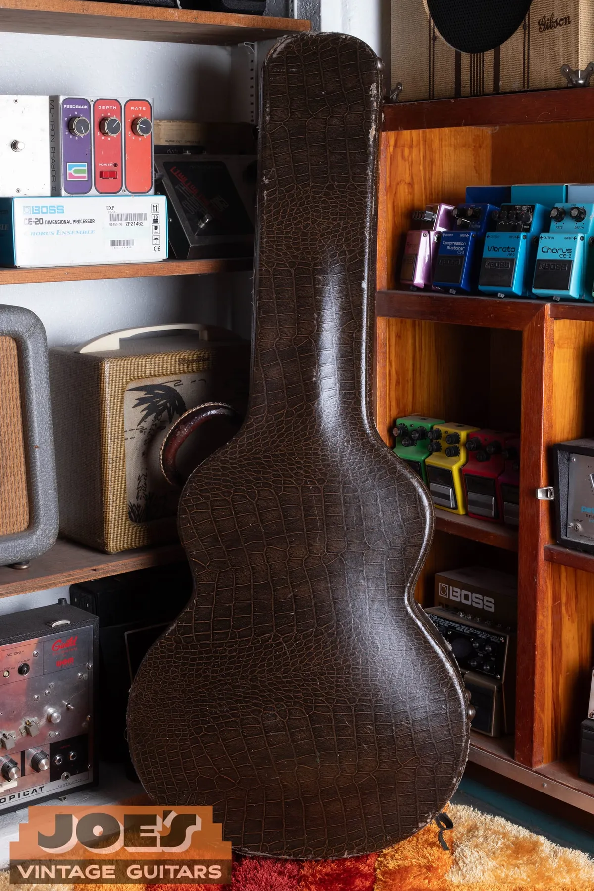 Exterior of the brown hardshell case photographed with the 1956 Martin 000-21