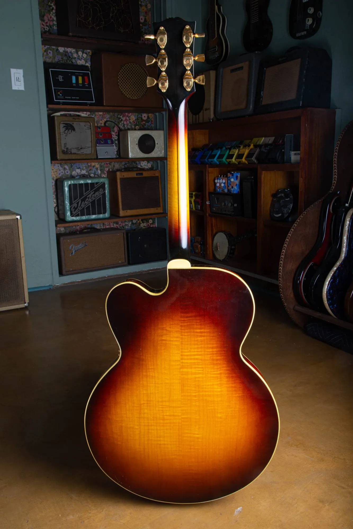 Solid flamed maple back of a 1957 Gibson Byrdland in original sunburst finish