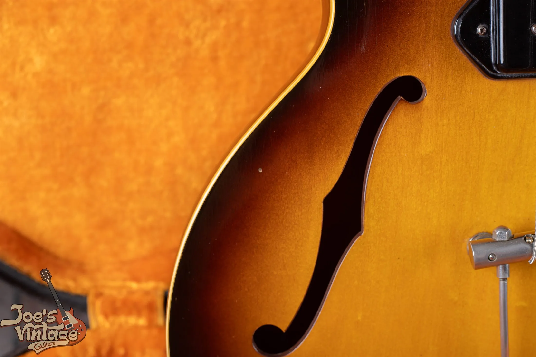 Close view of an unbound f-hole and original lacquer on a 1958 Gibson ES-225T