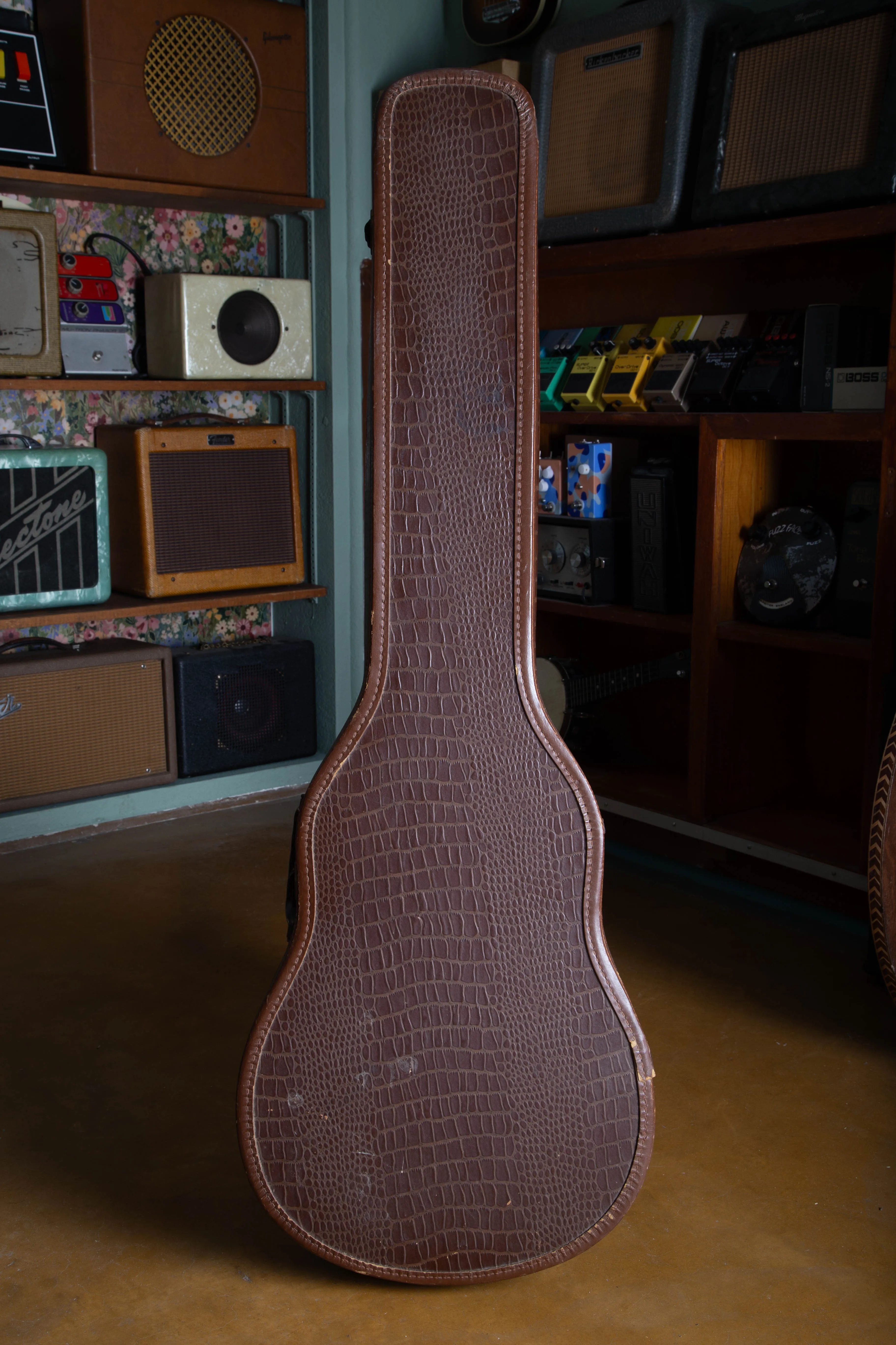 Closed brown guitar case with an alligator-pattern covering