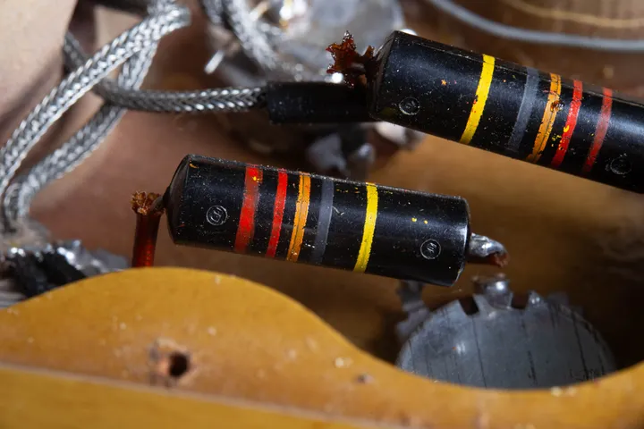 Original Bumblebee capacitors in a 1958 Gibson control cavity