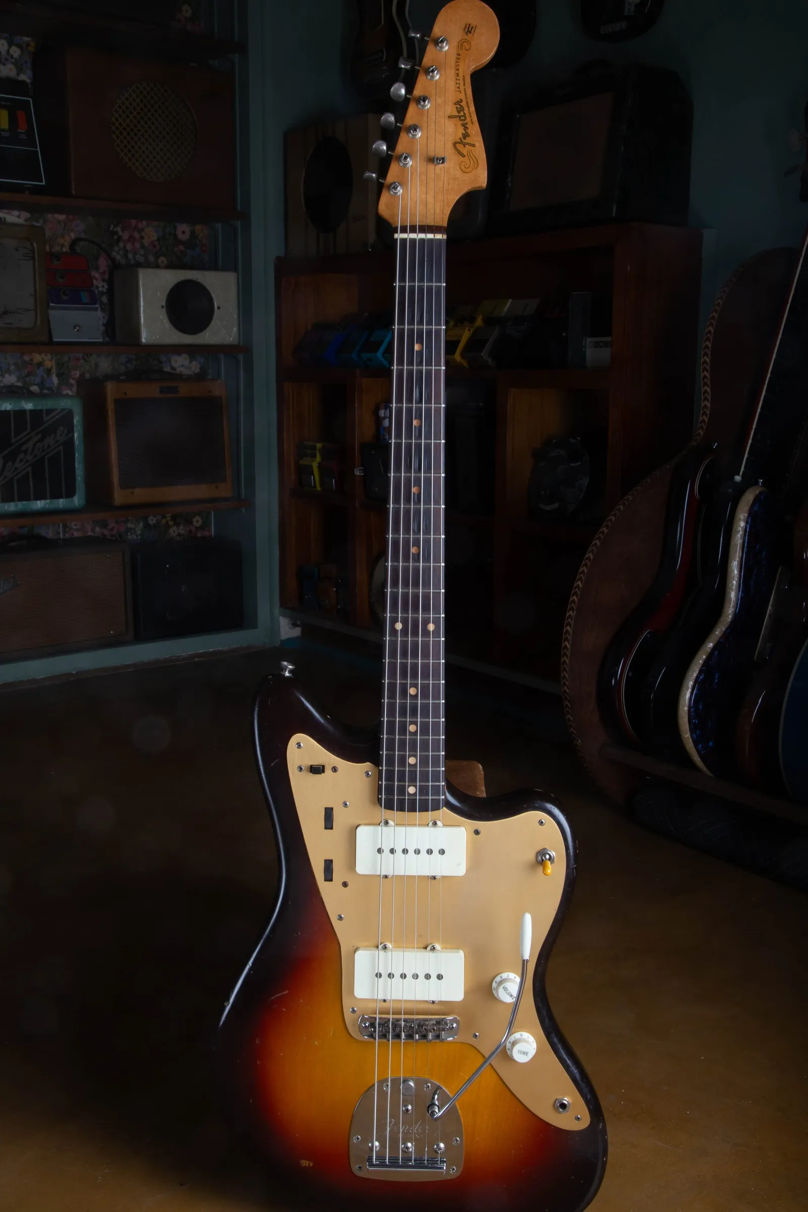 A 1959 Fender Jazzmaster in three-color sunburst with its original gold anodized aluminum pickguard, clay dot inlays, and amber switch tip