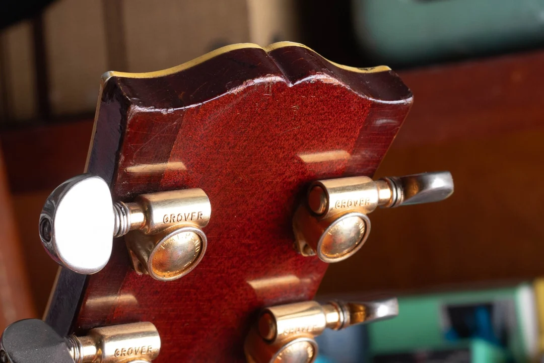 Gold Grover Rotomatic tuners on the back of a 1959 Gibson ES-355 headstock