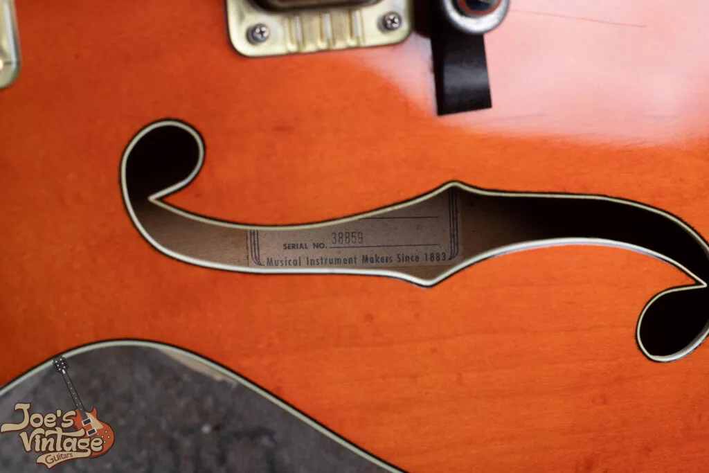 Original 1960 Gretsch 6120 orange interior label showing model number and serial number. Expert vintage Gretsch authentication and nationwide buying at Joe's Vintage Guitars.