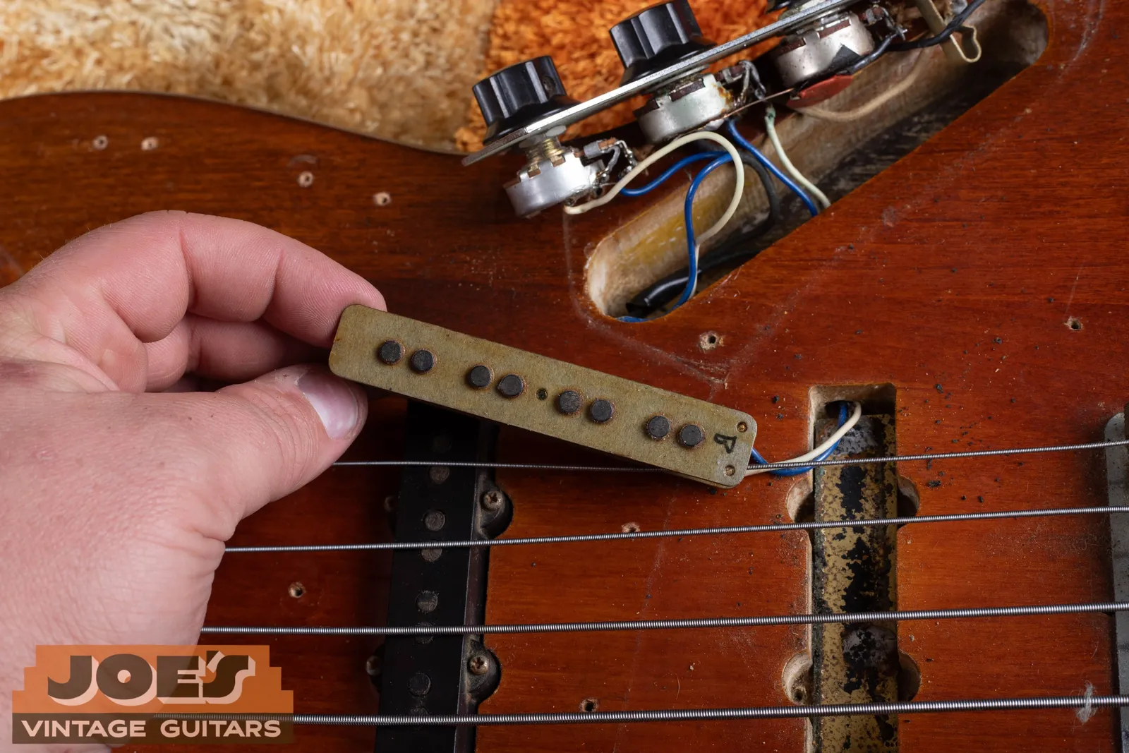 A Fender Jazz Bass pickup held bottom up showing grey fibreboard flatwork and two pole pieces per string, with the control plate and wiring exposed behind it