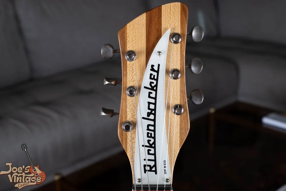 Archive 1960s Rickenbacker 360 in Mapleglo: Headstock front and nameplate. A removable nameplate is only one piece of identification evidence.