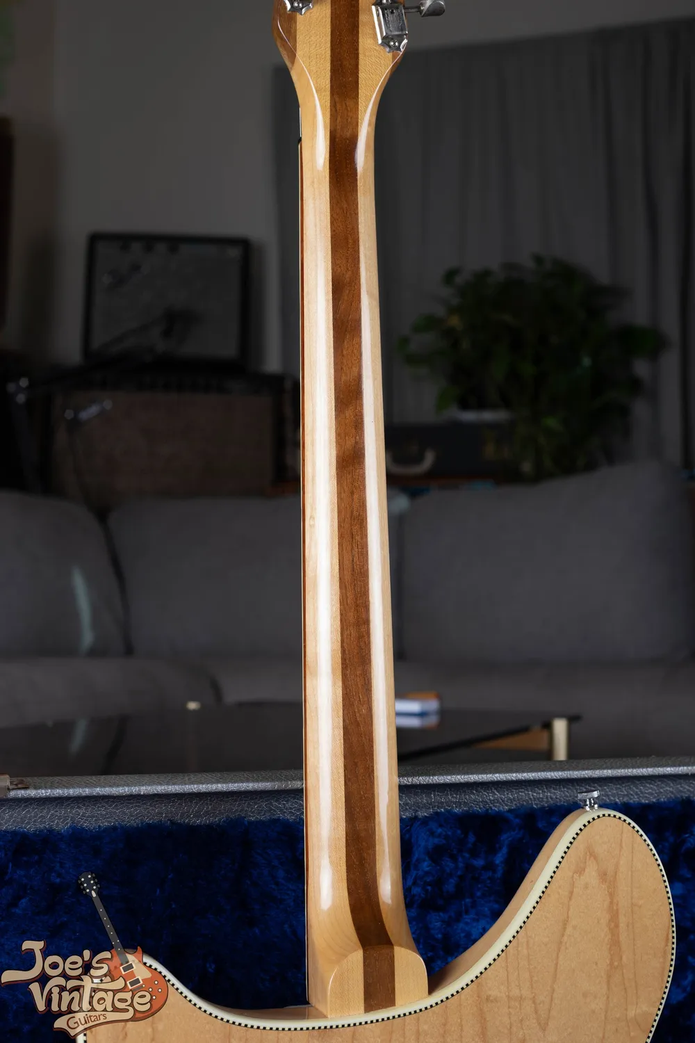 Archive 1960s Rickenbacker 360 in Mapleglo: Rear neck detail. Look for repaired breaks or changes in the finish without confusing normal wood joints with damage.