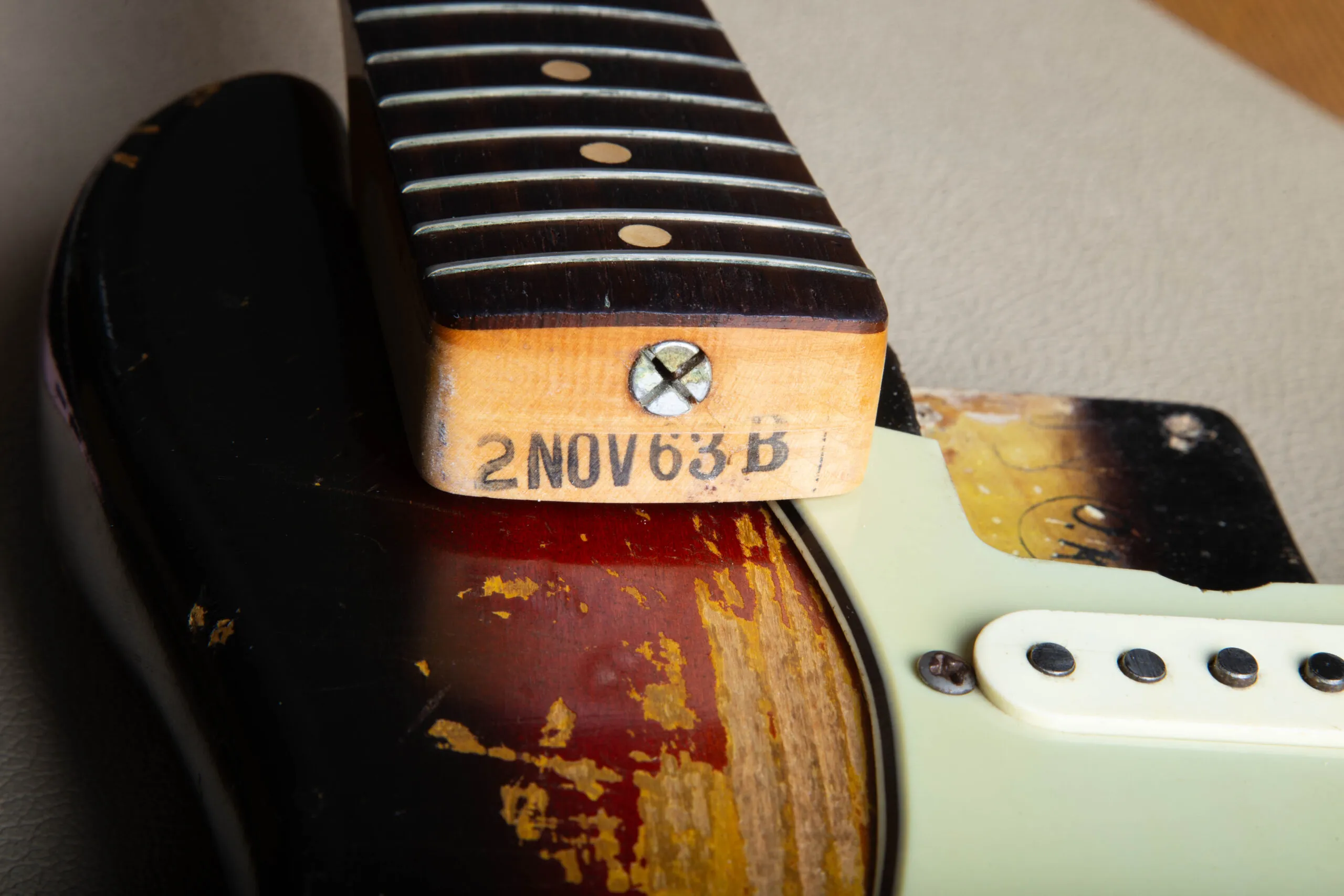 Black ink date stamp on the heel of a 1963 Fender Stratocaster neck