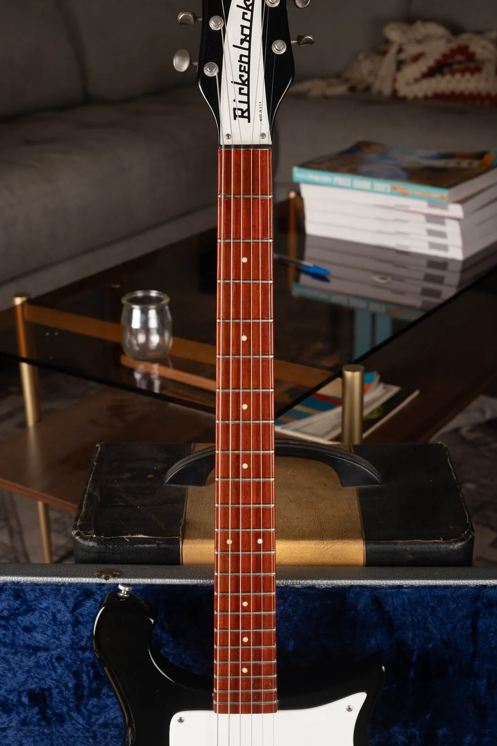 Archive-labeled 1964 Rickenbacker 425 in Jetglo: Dot-marker fingerboard and upper body. Compare these details with the specific model claimed.