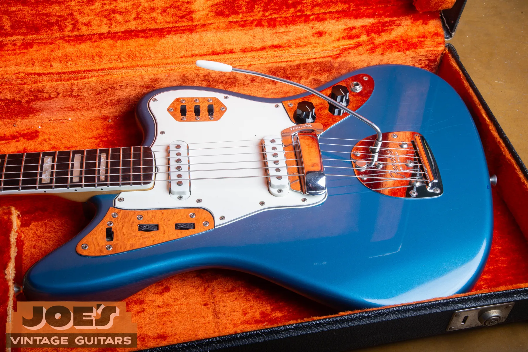 Bill's Lake Placid Blue 1966 Fender Jaguar resting in its orange-lined hardshell case