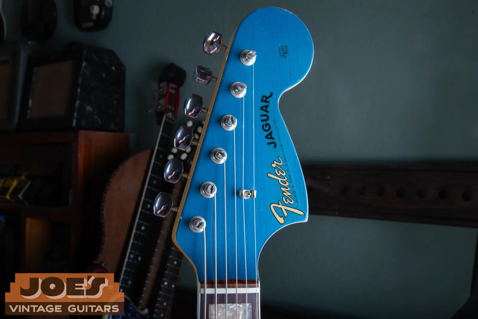 Matching Lake Placid Blue headstock on Bill's 1966 Fender Jaguar with Fender logo