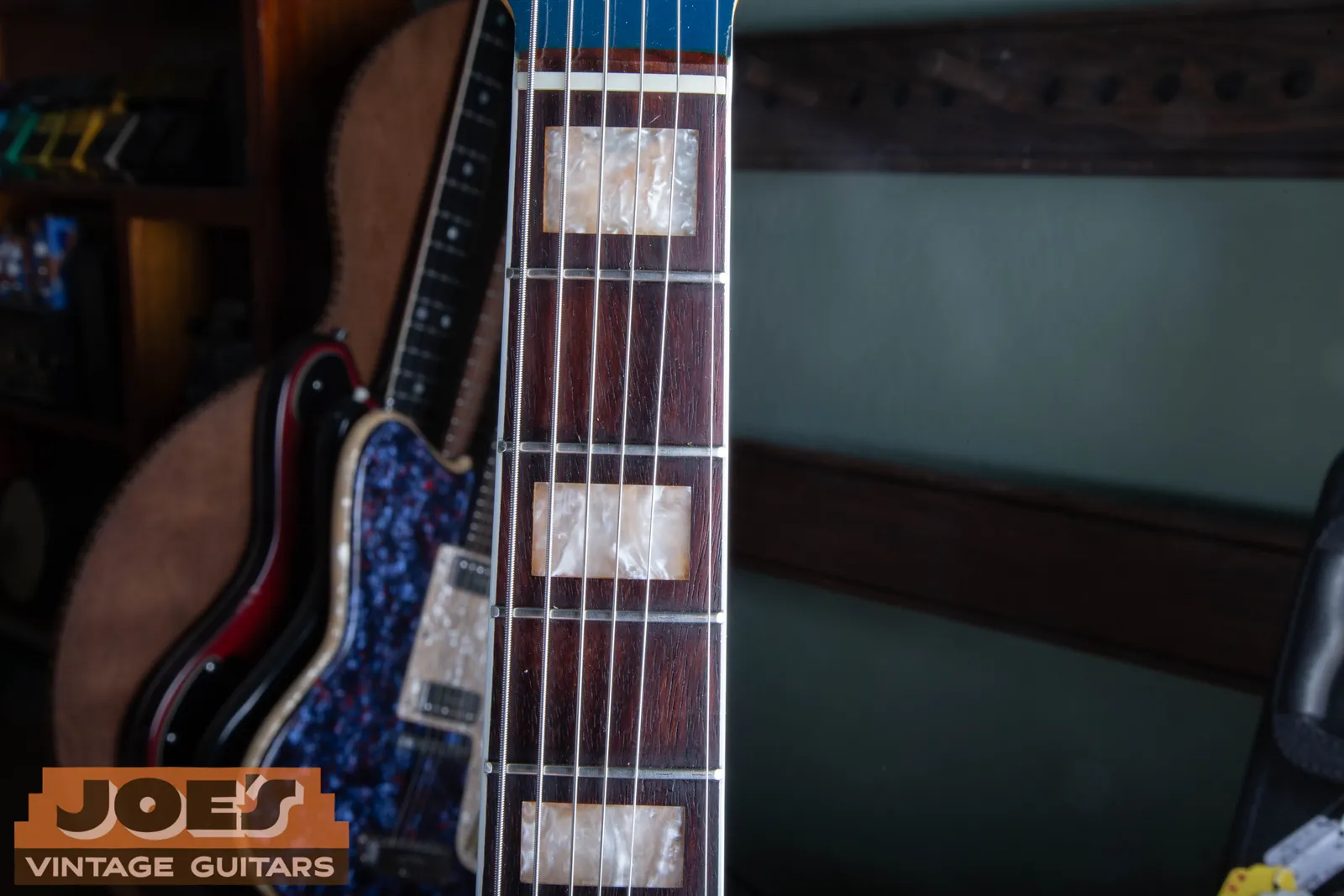 Bound rosewood fingerboard with pearloid block inlays on Bill's 1966 Fender Jaguar