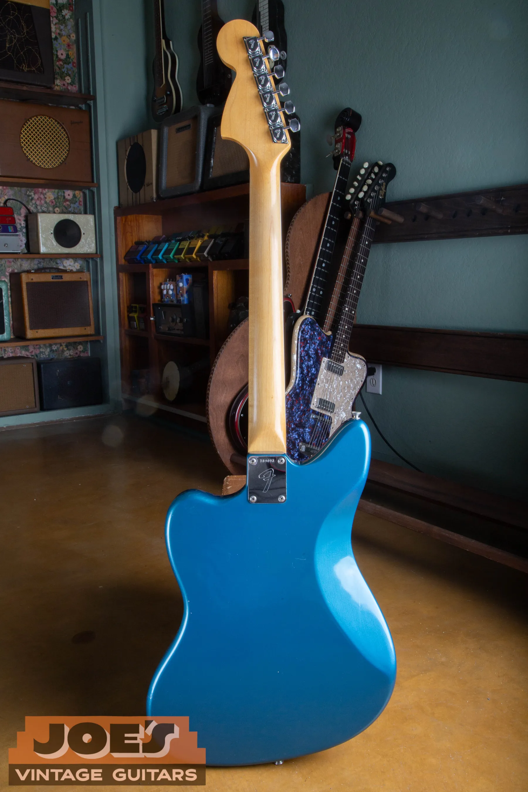 Full back view of Bill's Lake Placid Blue 1966 Fender Jaguar showing the maple neck and matching blue body