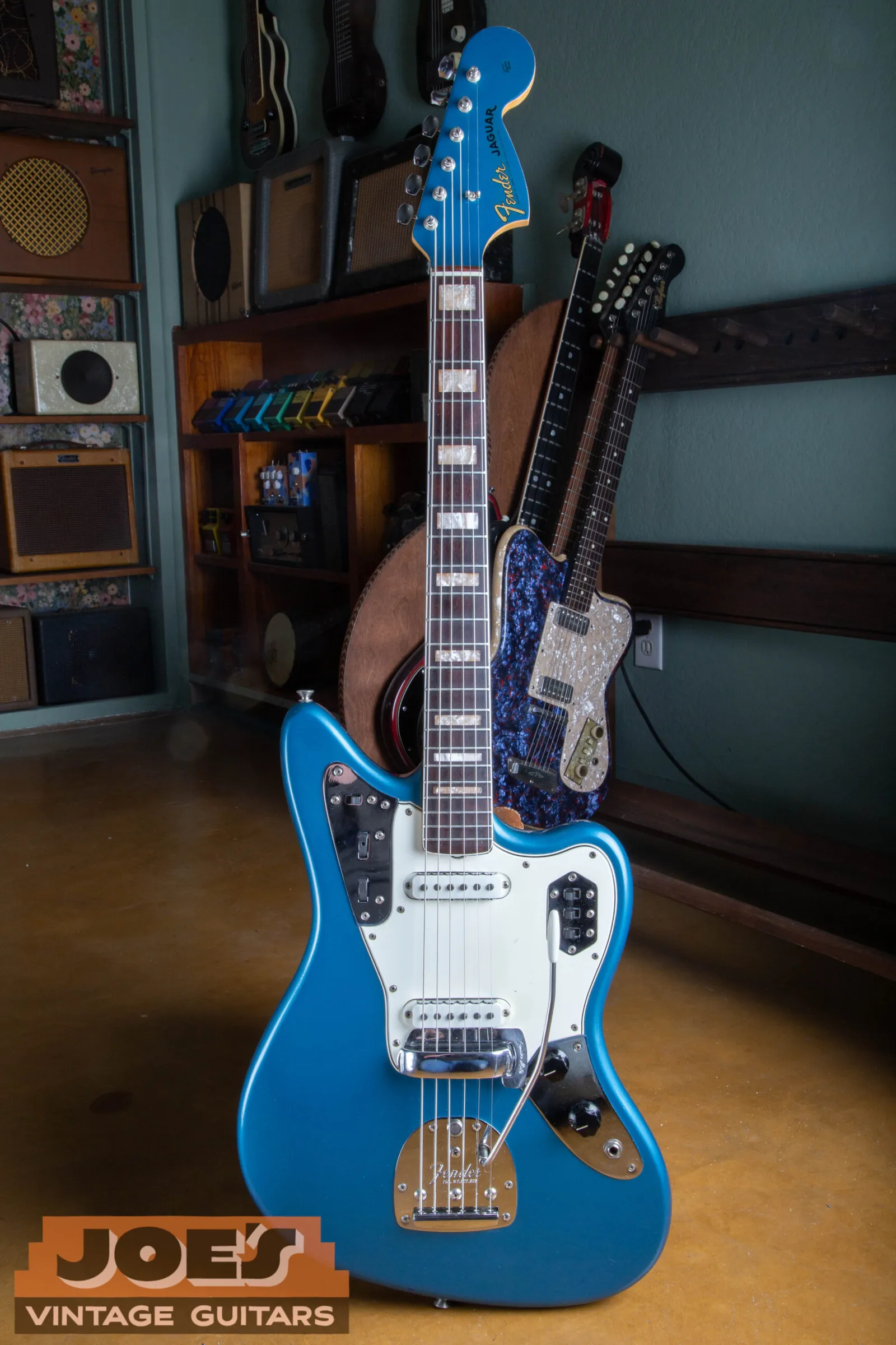 A 1966 Fender Jaguar in Lake Placid Blue custom color with a matching painted headstock