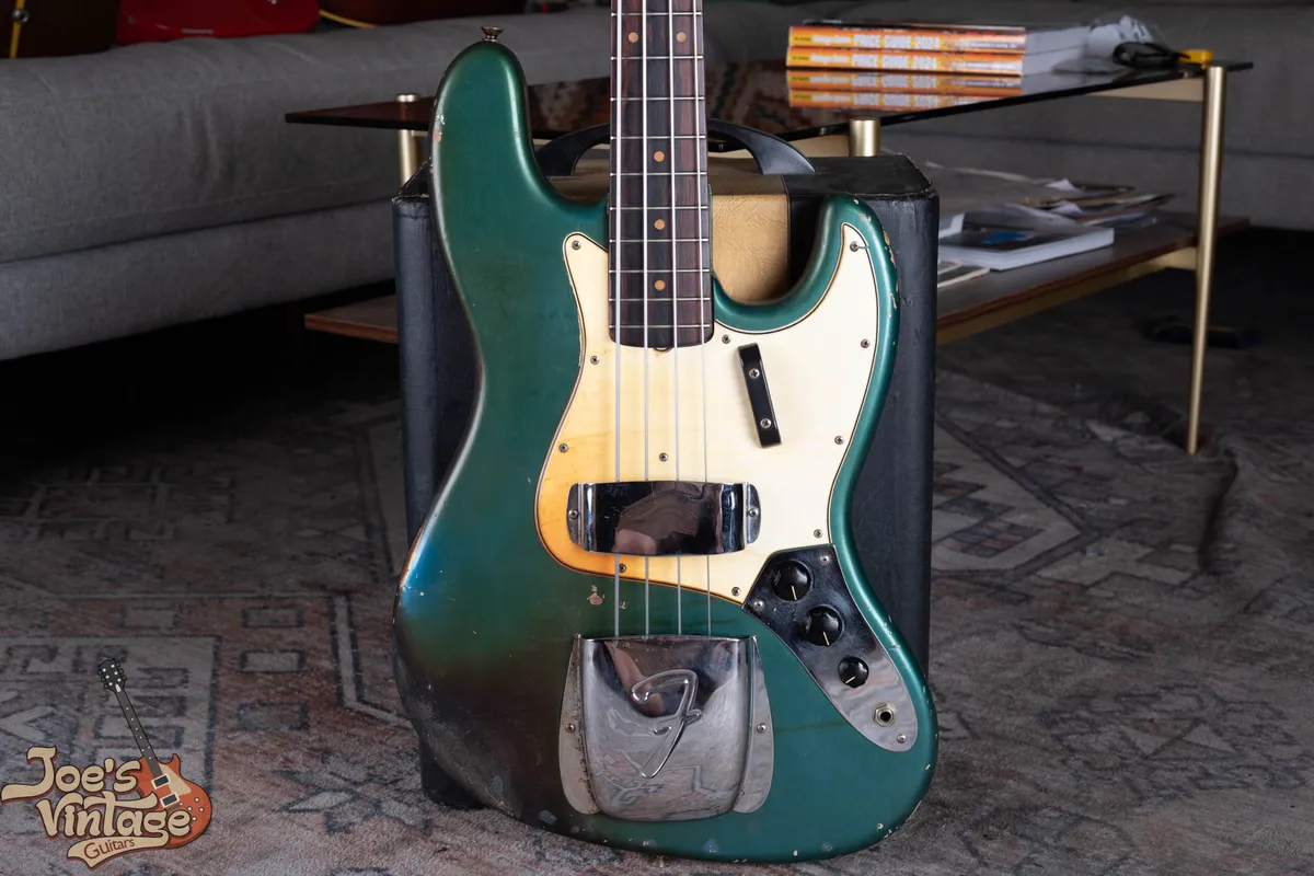 A 1966 Fender Jazz Bass in Lake Placid Blue custom color.