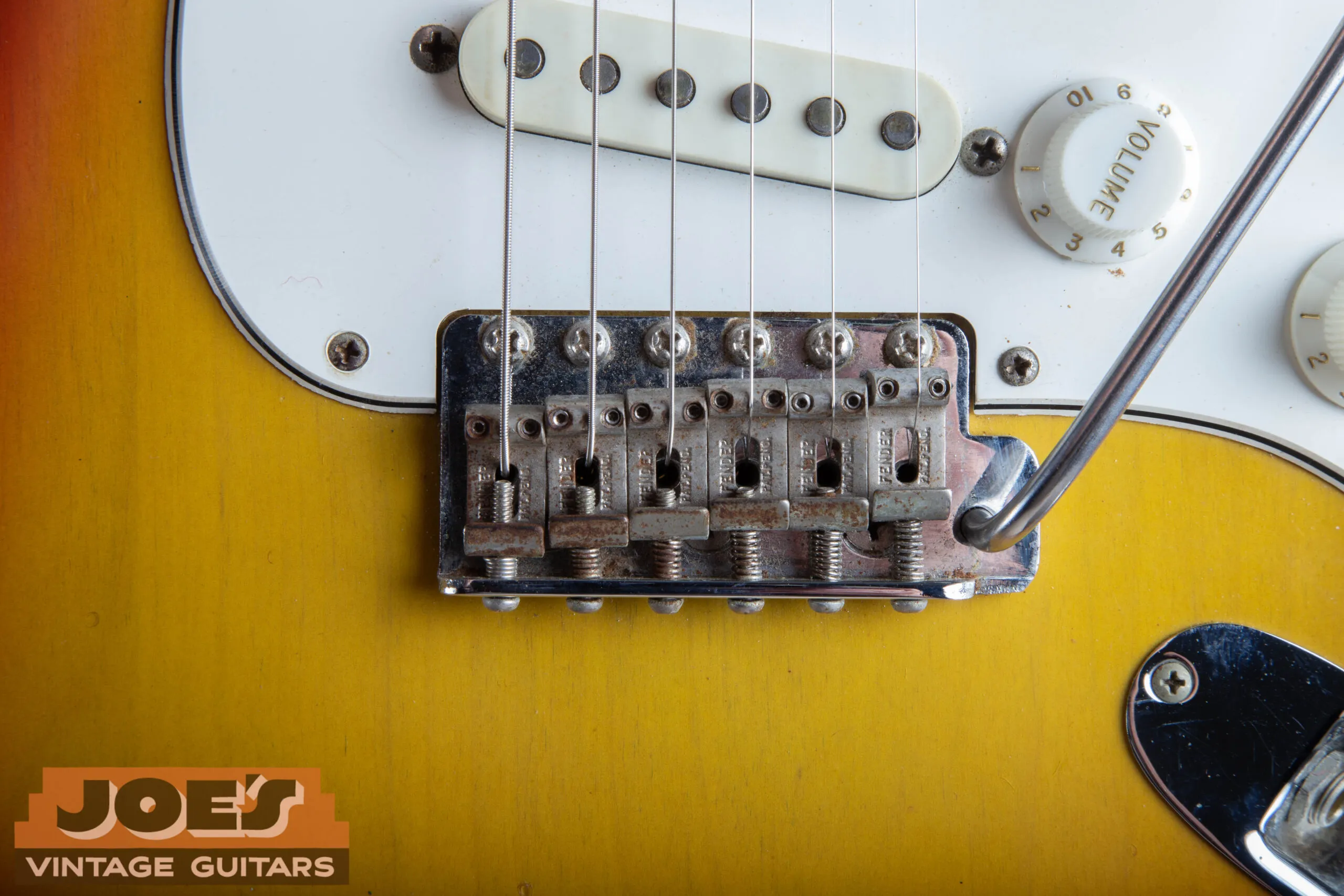 Bridge saddles on a 1966 Fender Stratocaster stamped FENDER PAT. PEND.