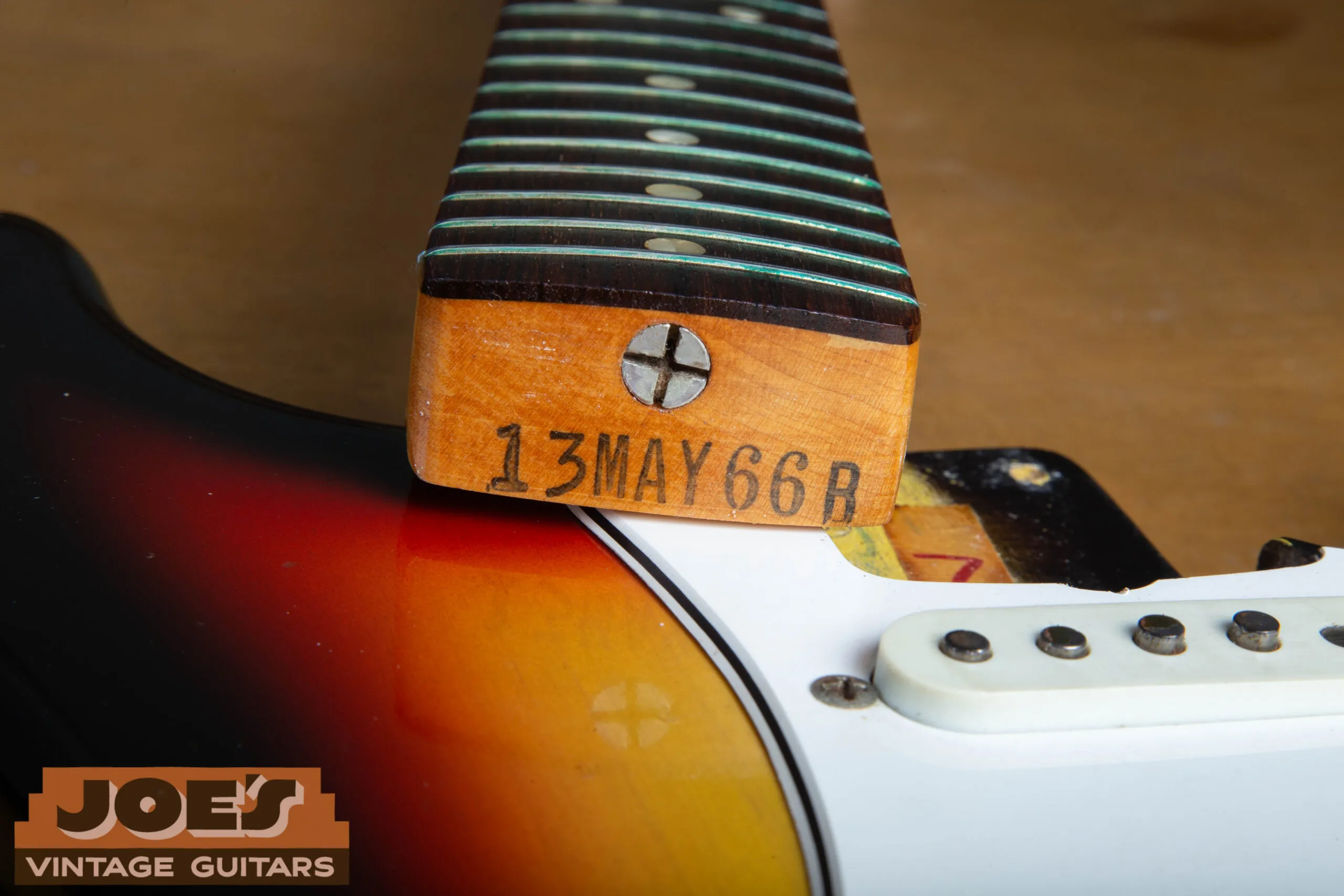 1966 Fender Stratocaster neck heel ink stamp reading 13 MAR 66 B
