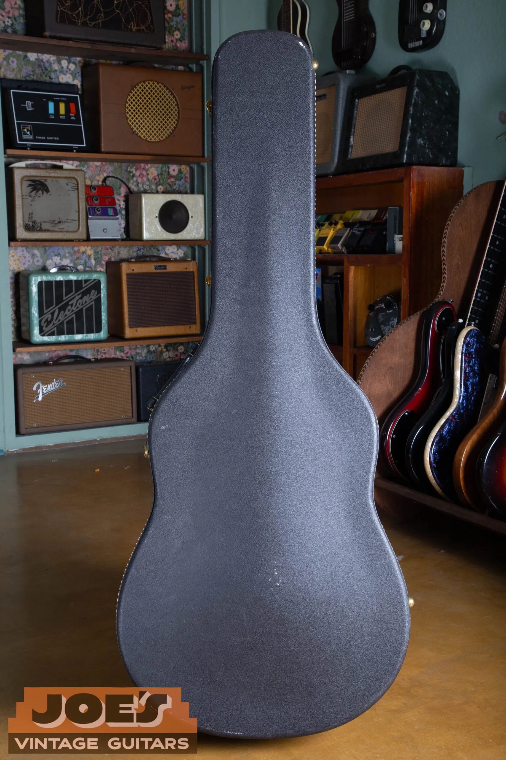 1966 Gibson ES-335 original black hardshell case exterior, correct mid-1960s black tolex case with Gibson badge, chrome latches and handle hardware