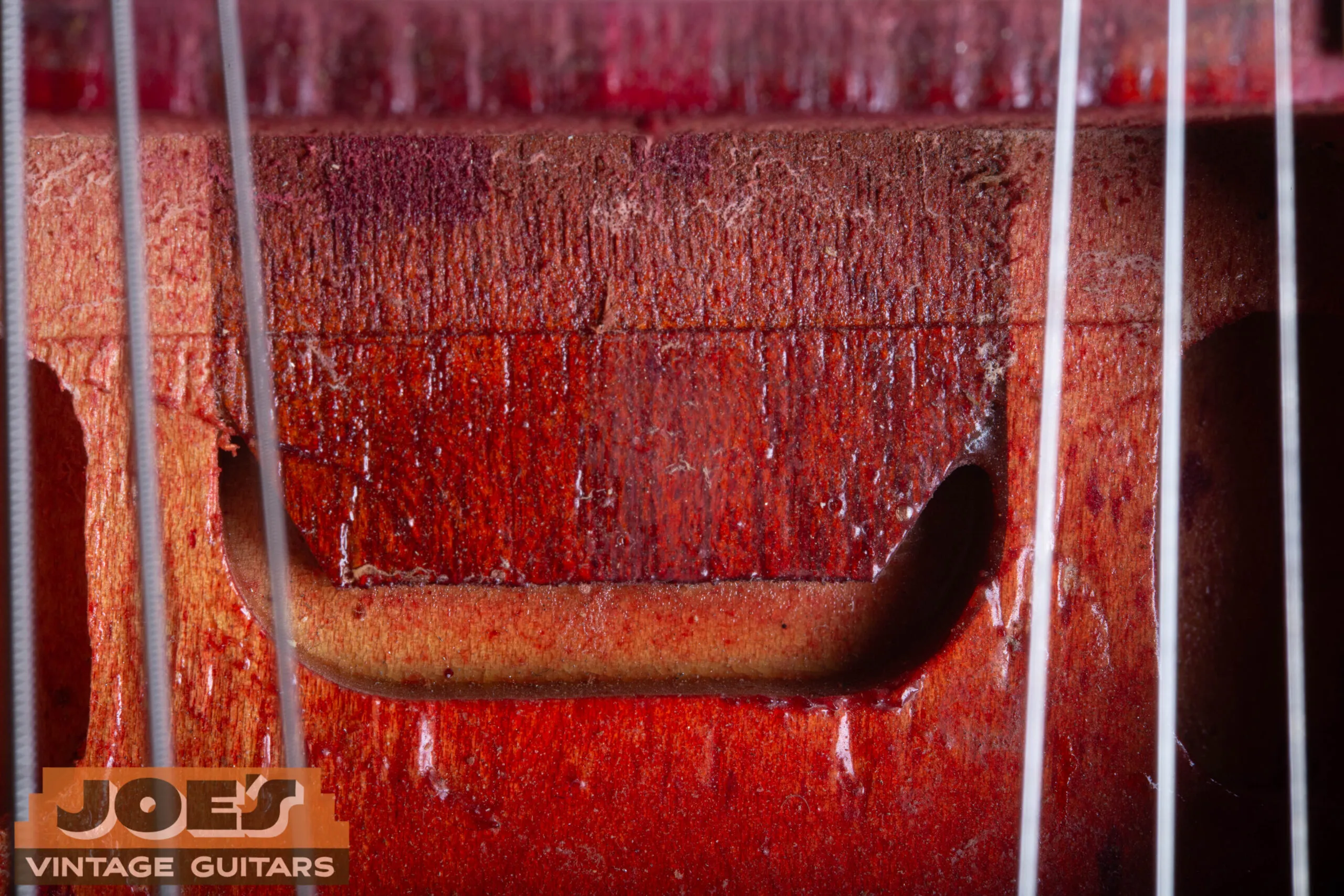 1966 Gibson ES-335 neck tenon visible under neck pickup cavity, long tenon mortise and tenon joint showing Gibson’s period construction method