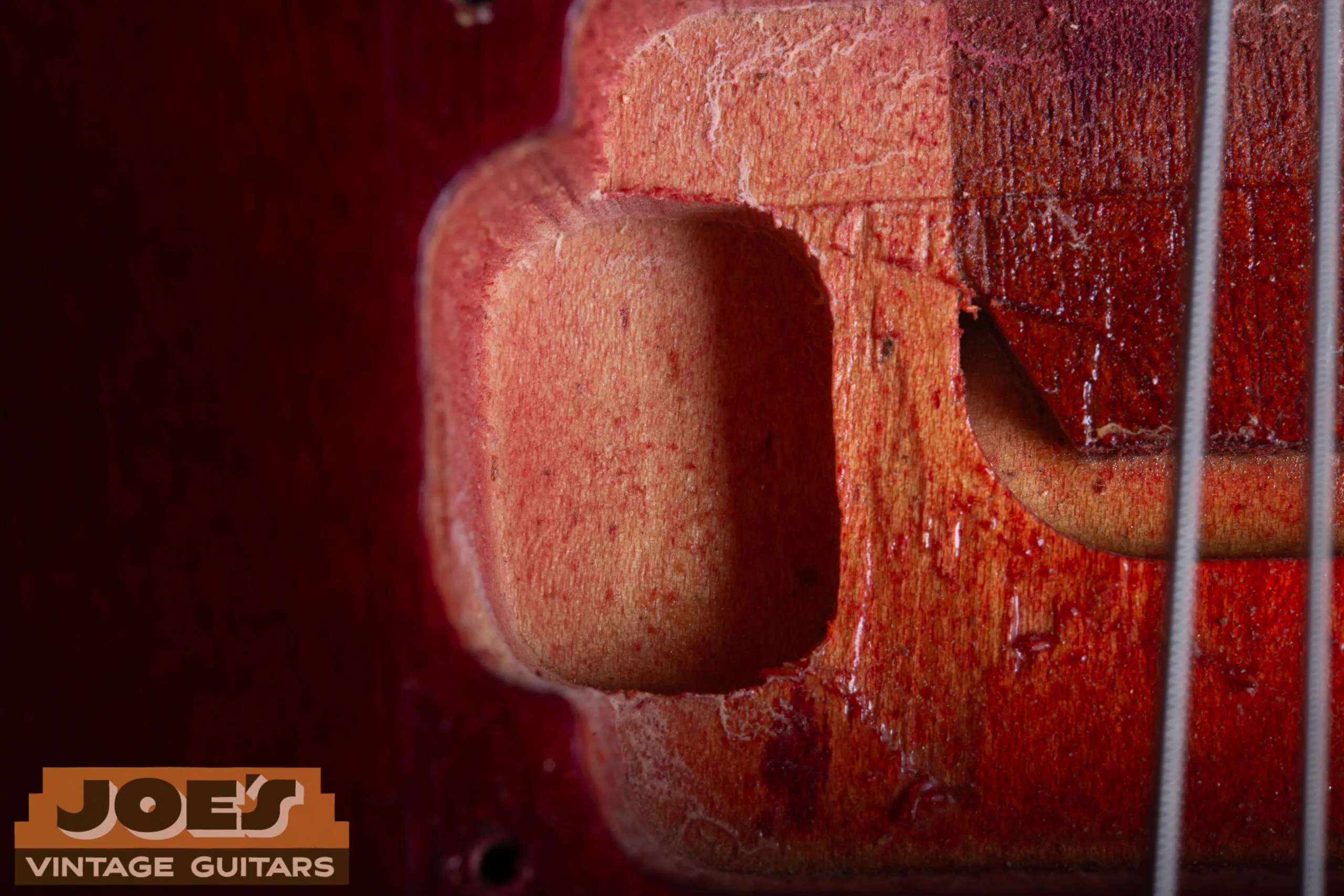 1966 Gibson ES-335 pickup route close-up showing side channels for pickup height adjustment screws, period-correct factory routing confirming original ES-335 body
