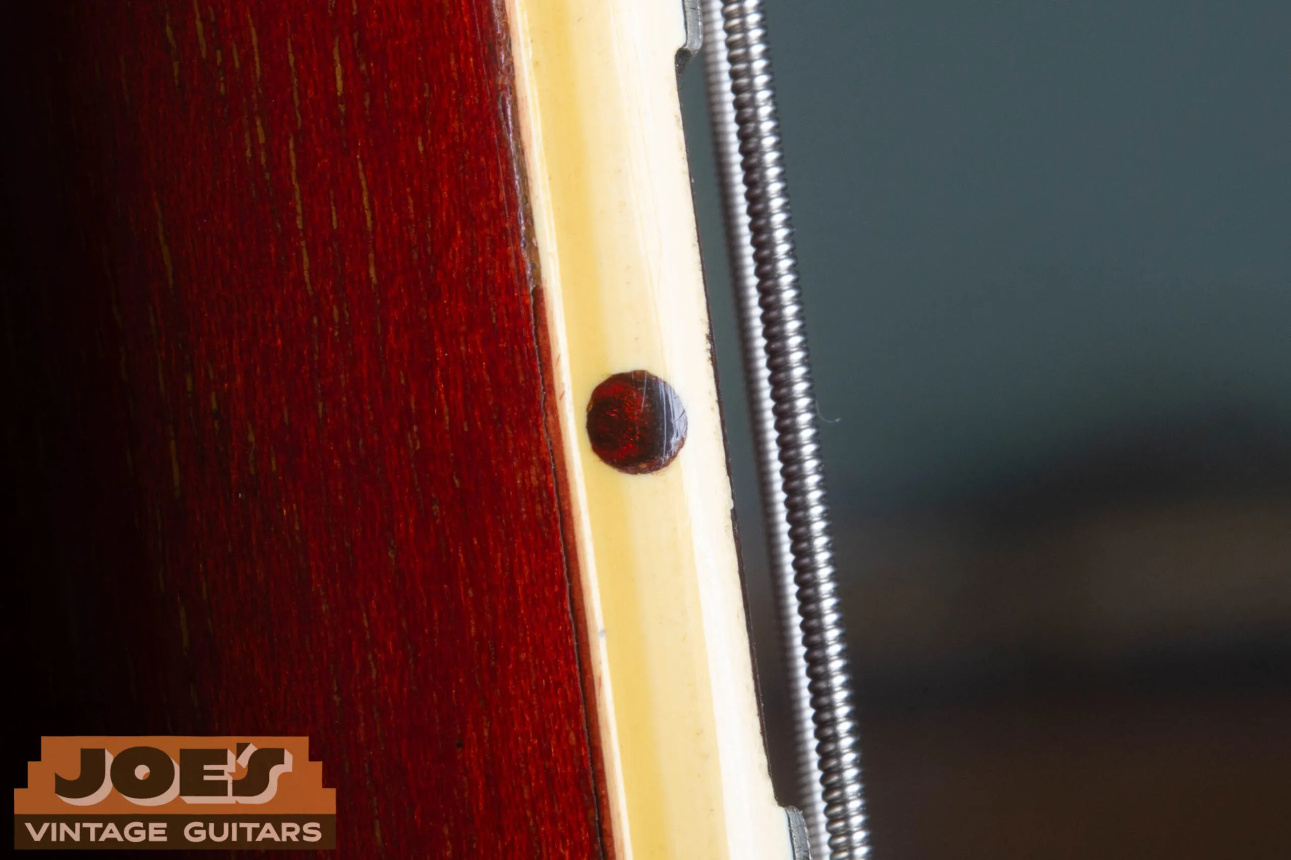 1966 Gibson ES-335 tortoise side dot position marker close-up, dark reddish swirl tortoise pattern confirming mid-1960s Kalamazoo neck, not white