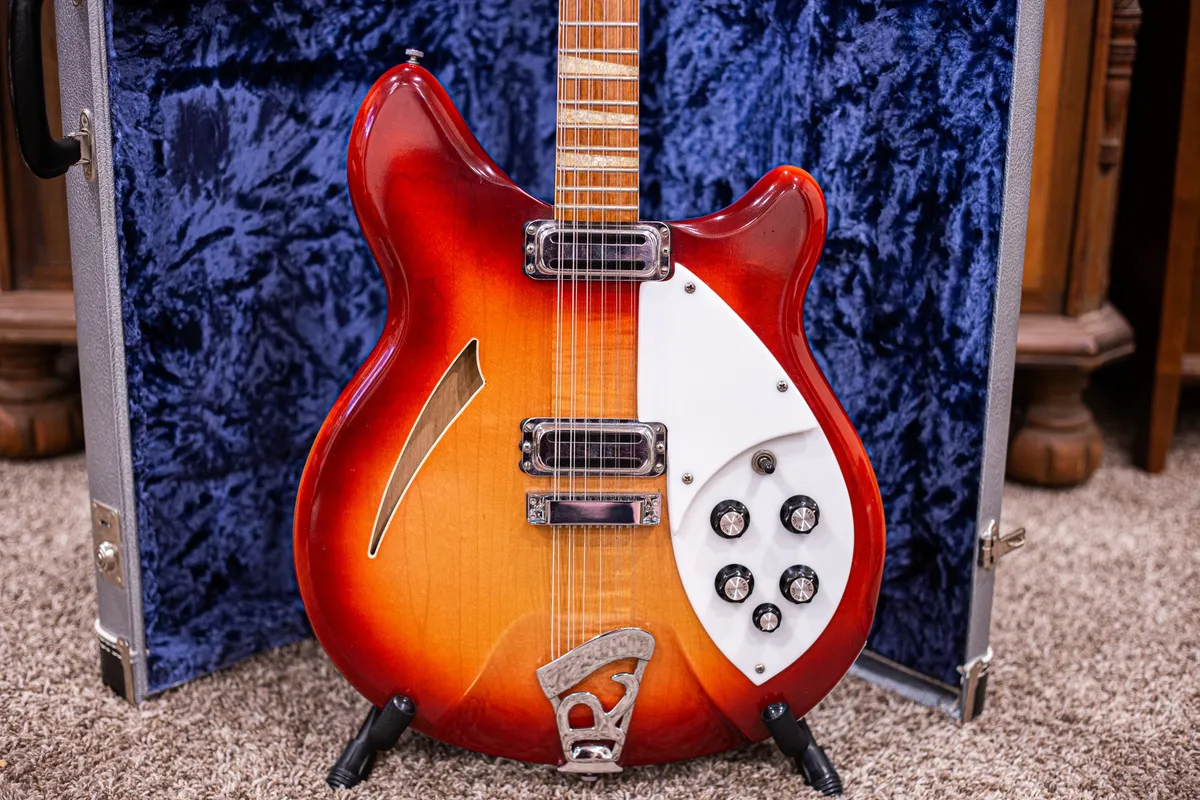 Archive-labeled 1966 Rickenbacker 360/12 in Fireglo: Front body view of this deluxe twelve-string. Other twelve-string models have different appointments.
