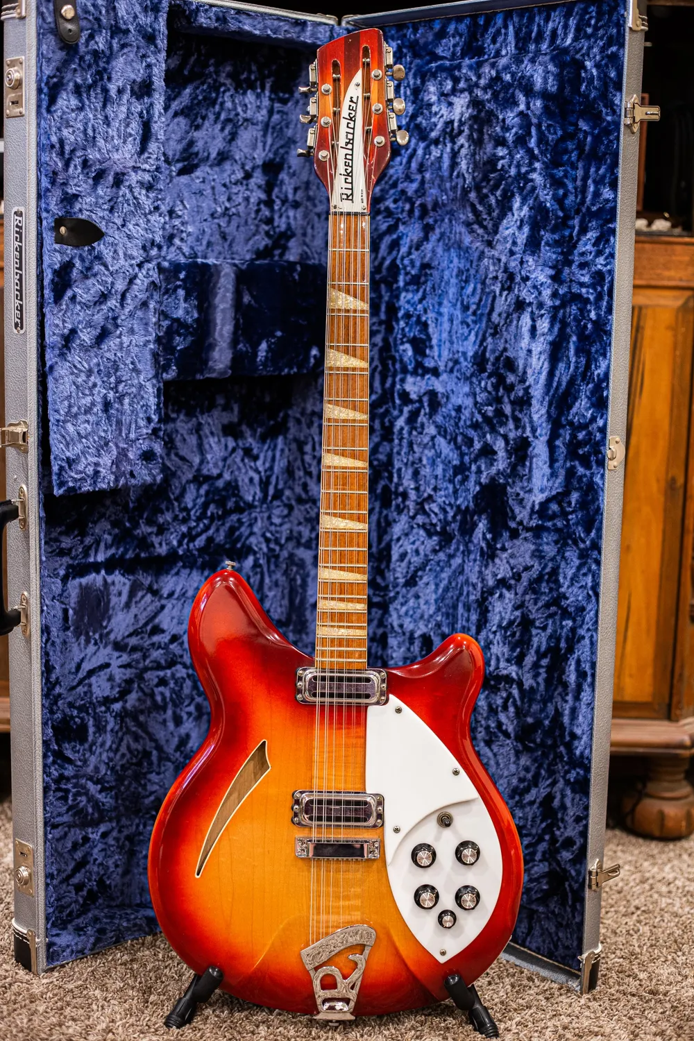 Archive-labeled 1966 Rickenbacker 360/12 in Fireglo: Complete front view. Count strings and tuners and record the full model configuration.