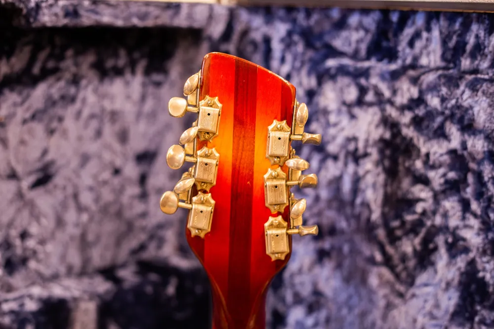 Archive-labeled 1966 Rickenbacker 360/12 in Fireglo: Rear headstock. This angle reveals details hidden in the front view.