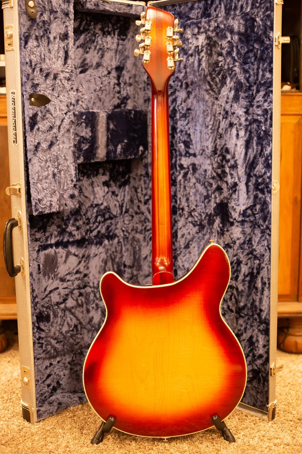 Archive-labeled 1966 Rickenbacker 360/12 in Fireglo: Full rear view. Include the neck and headstock when documenting repairs.