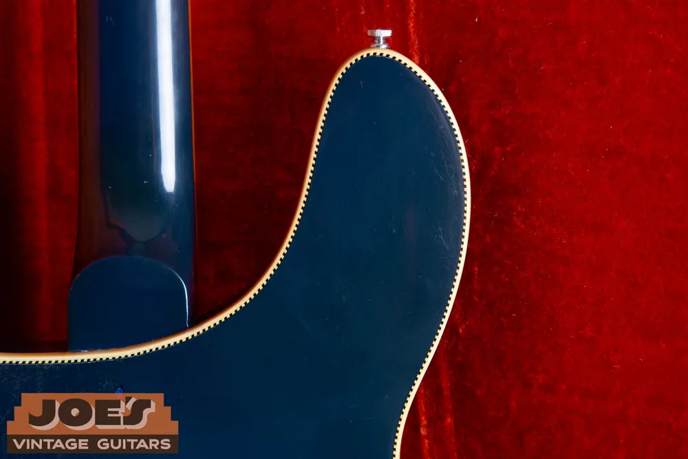 Joe’s 1968 Rickenbacker 4005 in Azureglo: Neck heel and rear body binding. Inspect for separation and repaired joints.
