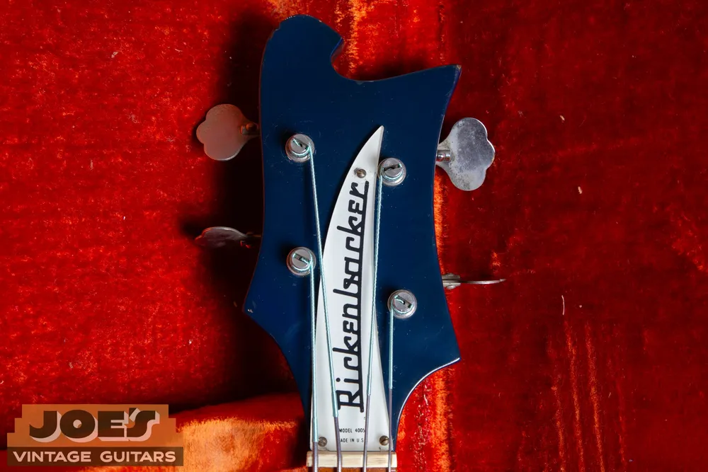 Joe’s 1968 Rickenbacker 4005 in Azureglo: Front headstock. Document the nameplate, nut area and tuning machines together.