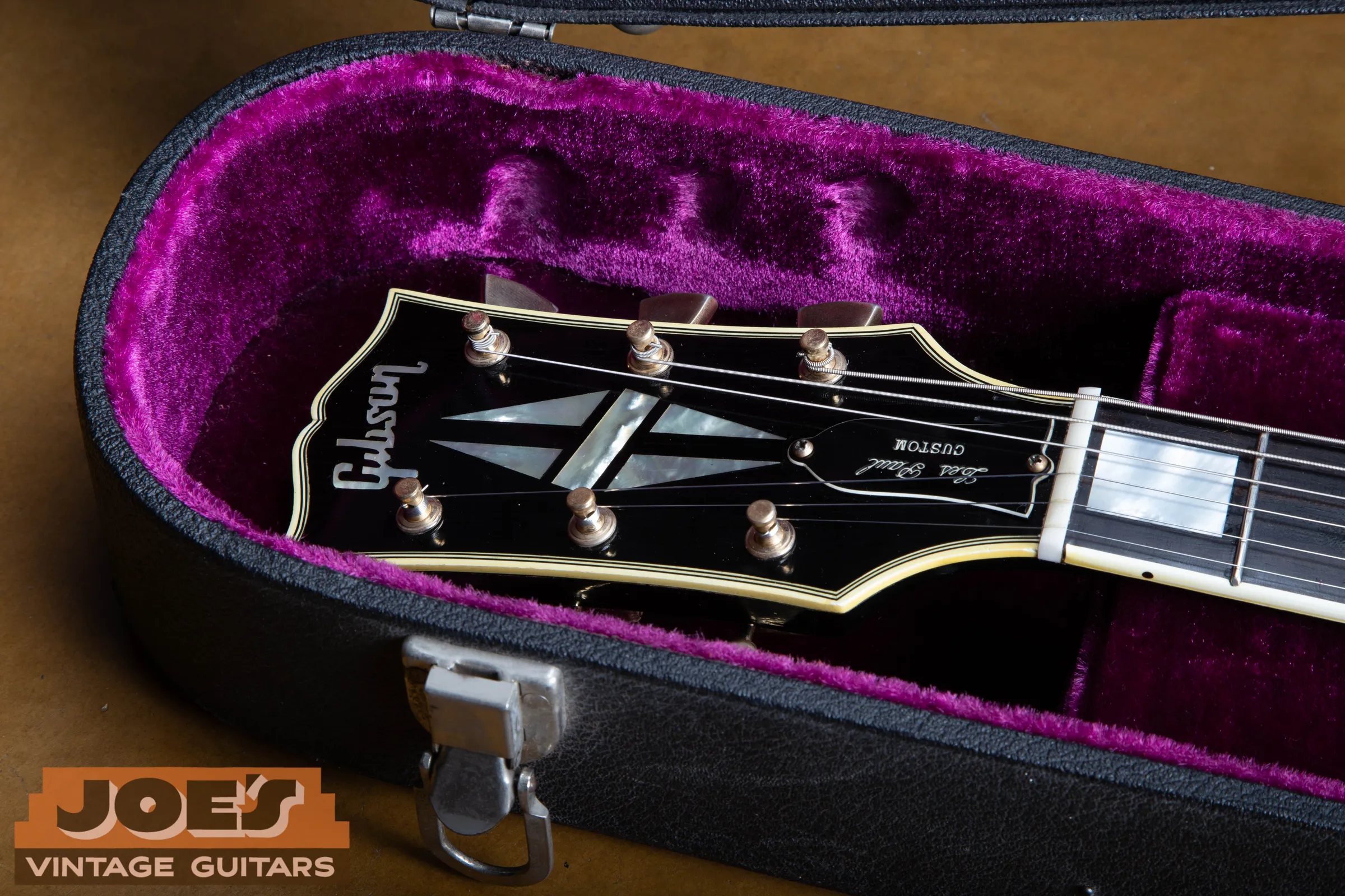 Dotless pearl Gibson logo on a 1969 Les Paul Custom headstock
