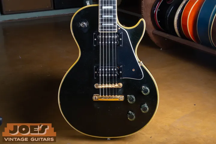 Straight-on body view of Joe's black 1972 Gibson Les Paul Custom with two humbuckers