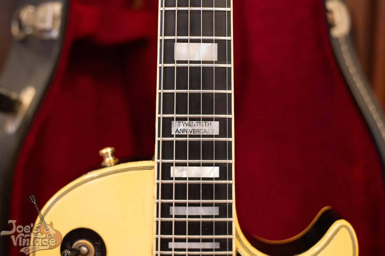 Twentieth Anniversary inscription in the fifteenth-fret block of a 1974 Les Paul Custom