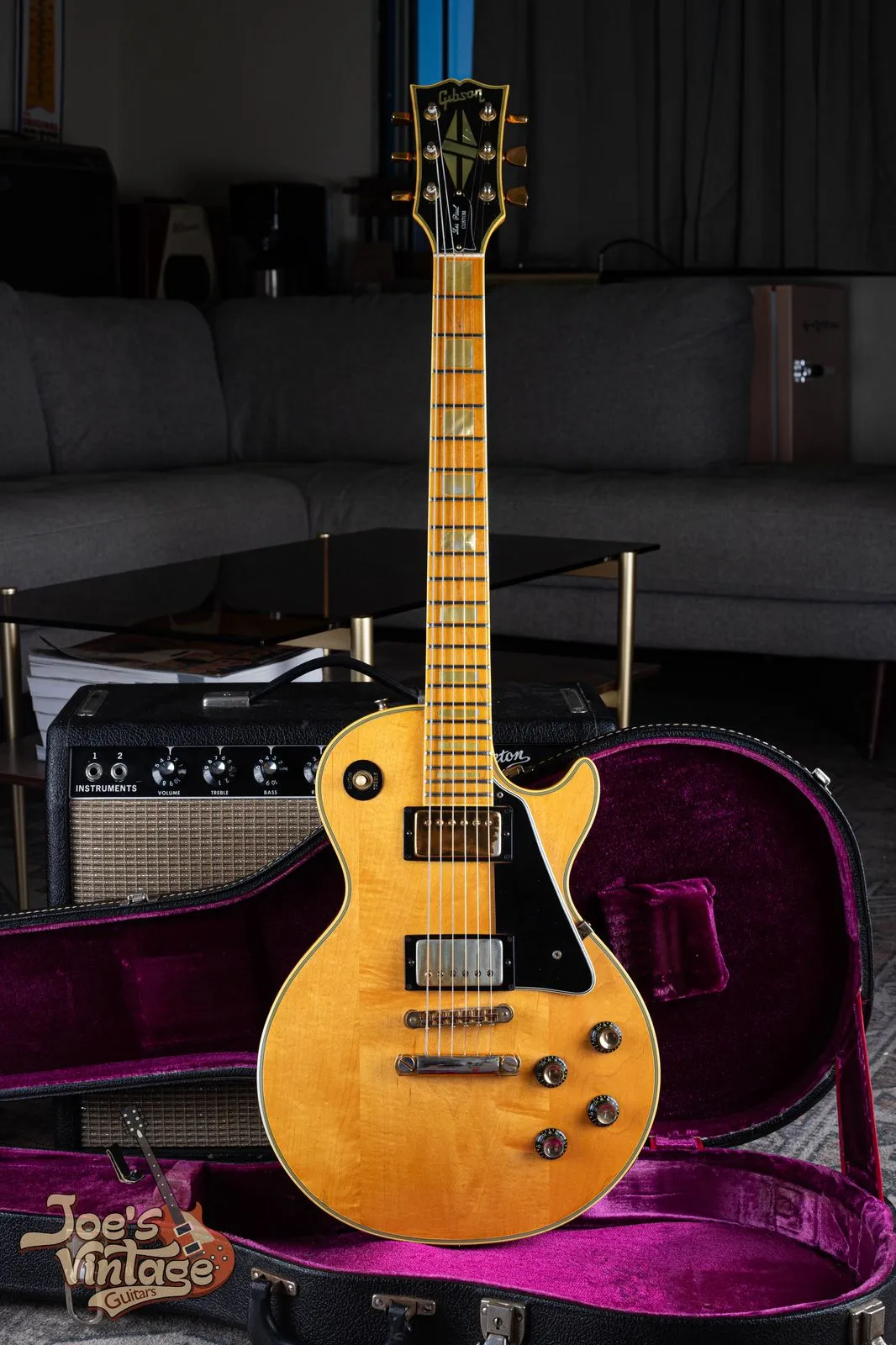 Natural-finish 1975 Gibson Les Paul Custom with a maple fingerboard and block inlays