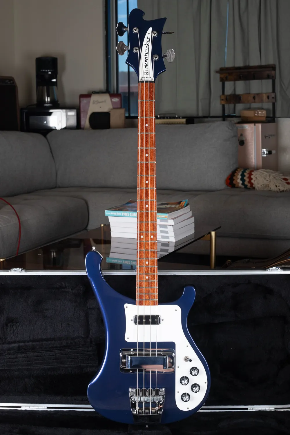 Archive 1989 Rickenbacker 4003 in blue: Full front view showing the bound body and triangle-marker fingerboard on this example.
